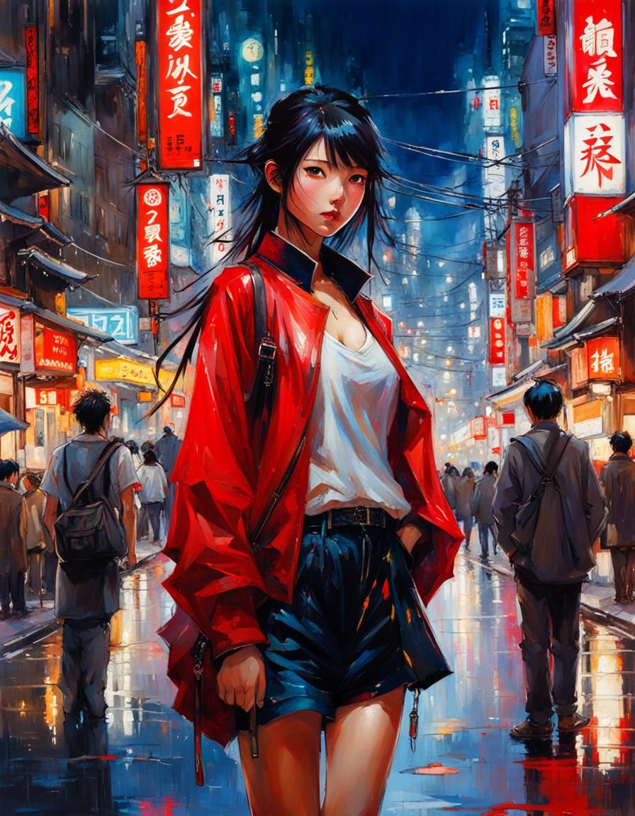 Beautiful Japanese Girl in Tokyo Street, Splash Art