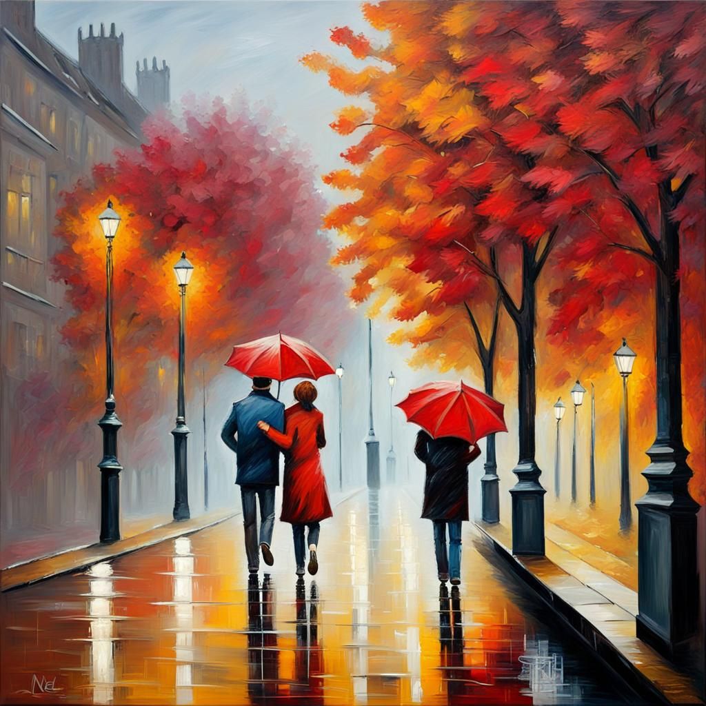 Lovers in Rainy London: An Impasto Expressionist Painting