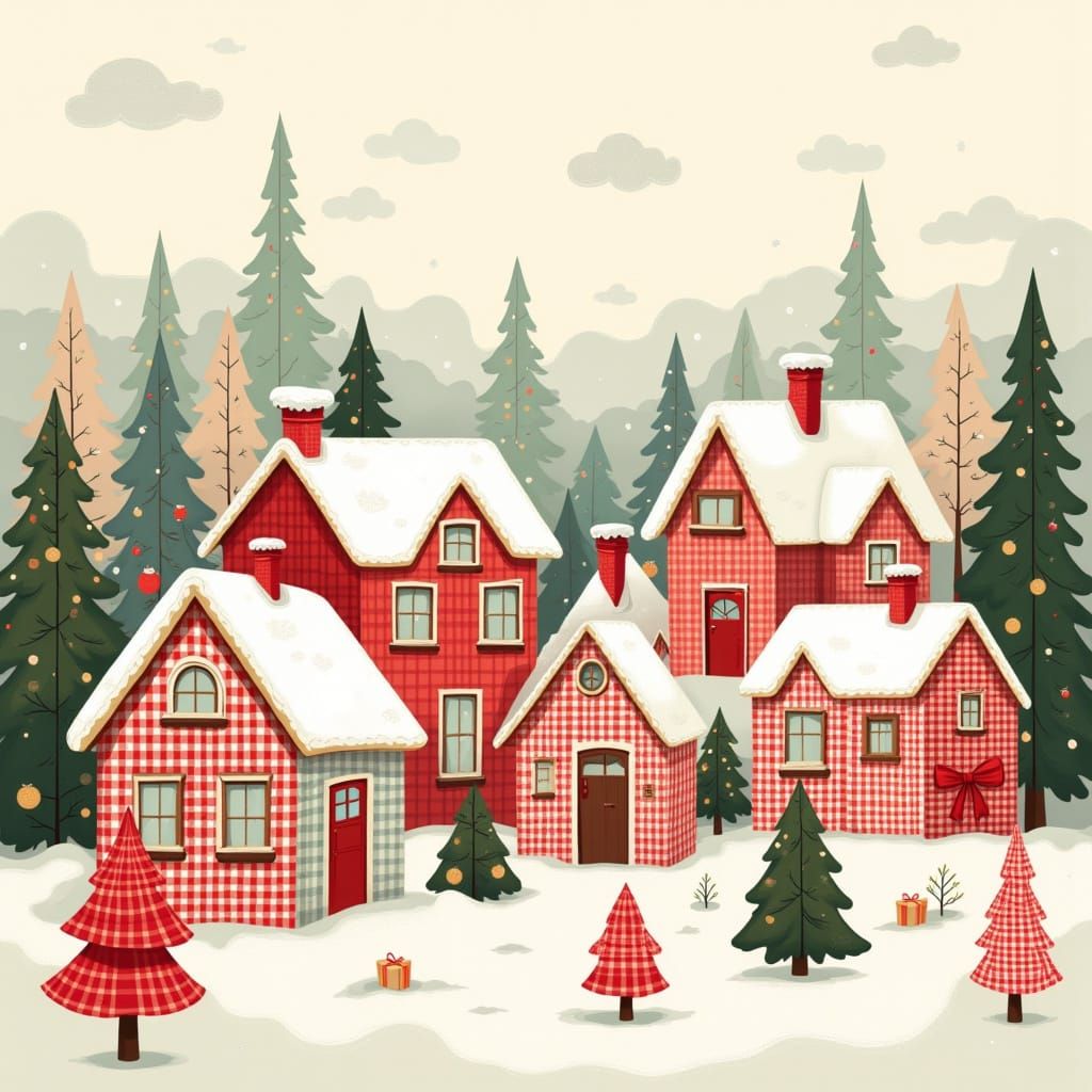 Cozy Gingham Christmas Village in Soft Winter Light