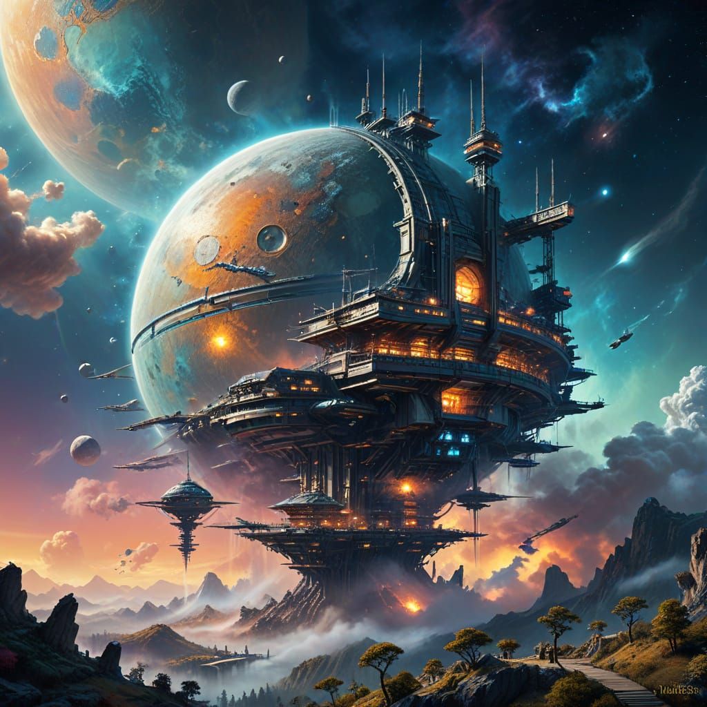 Epic Moonrise Over Space Station: Sci-Fi Digital Art