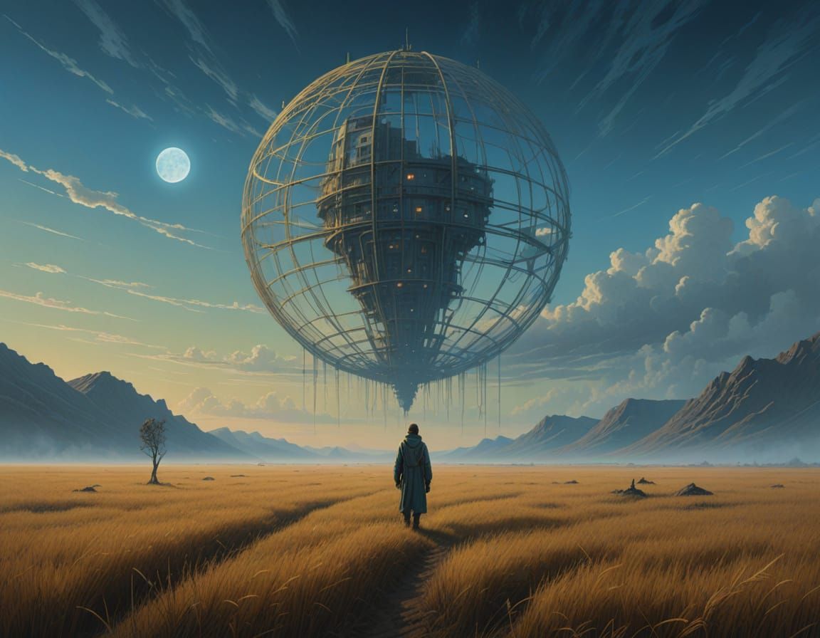 Mystical Figure Admires Celestial Spiral in Golden Landscape