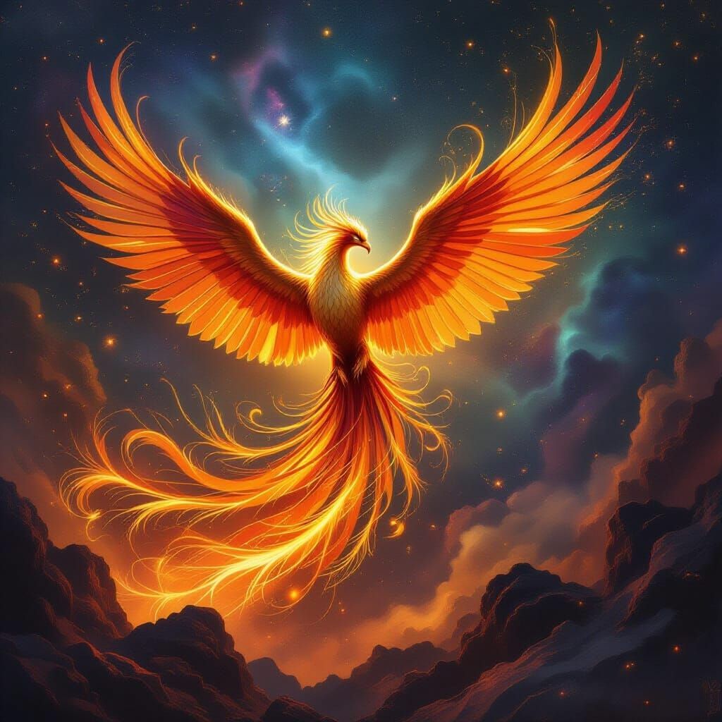 Majestic Phoenix Rising From Molten Gold Sea