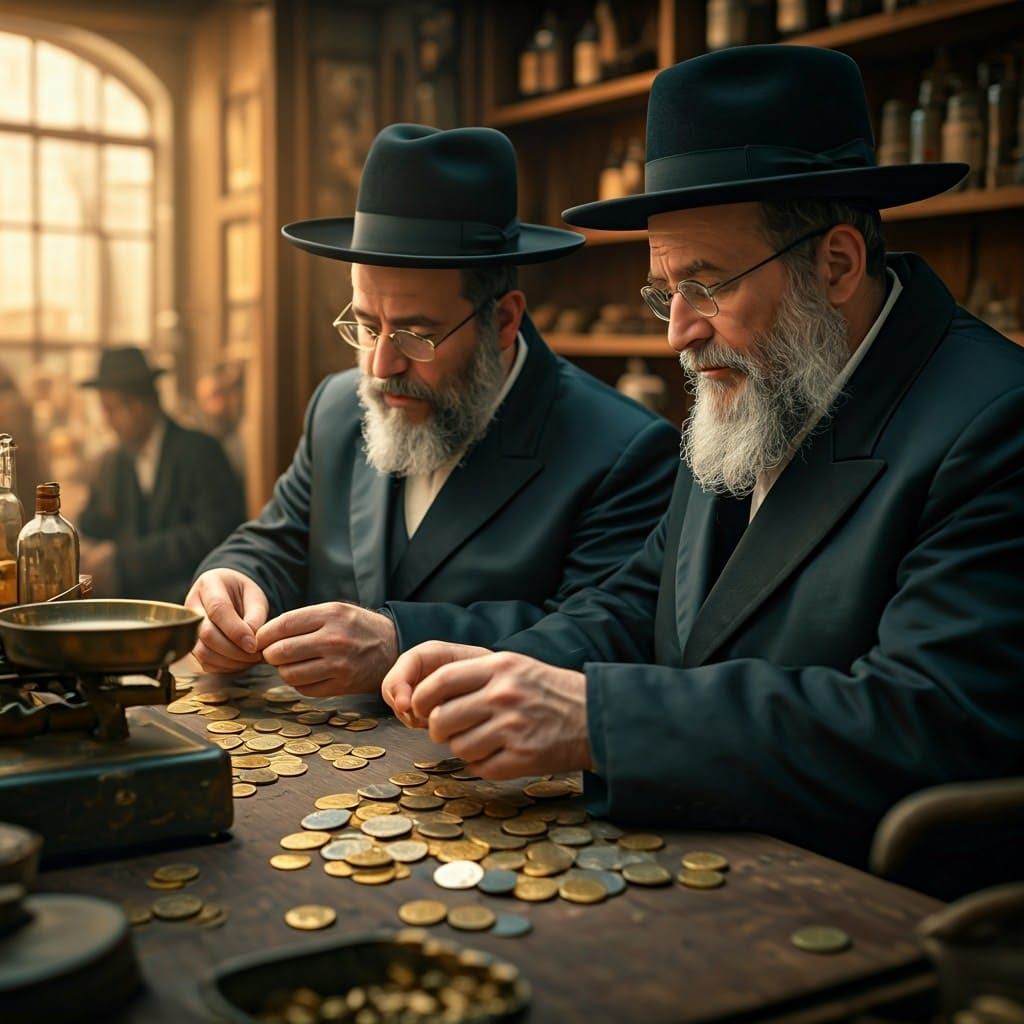 Hasidic men in a shtetl shop