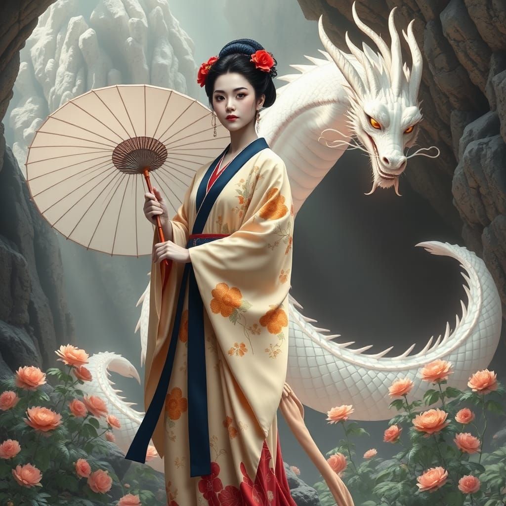Regal Woman and Dragon in Japanese Fantasy Art