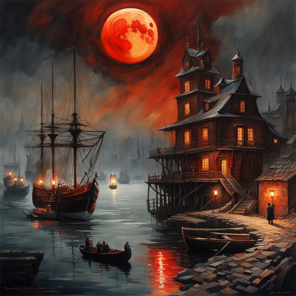 Terrifying Harbor Under Red Moon: Watercolor Painting