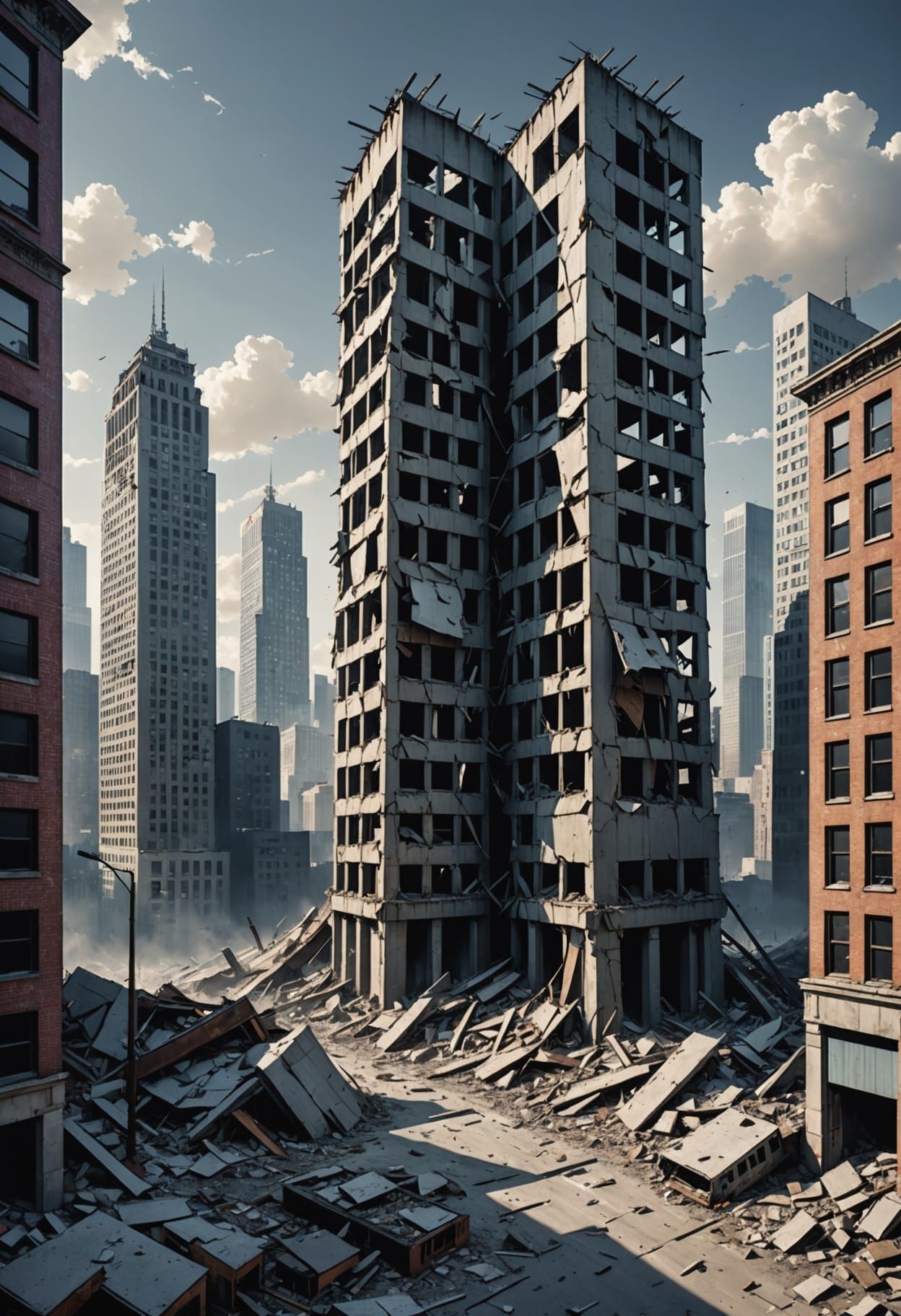 Massive Collapsed Skyscraper in Abandoned Cityscape