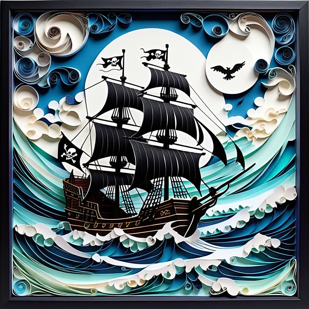 Paper Quilled Pirate Ship on Stormy Sea
