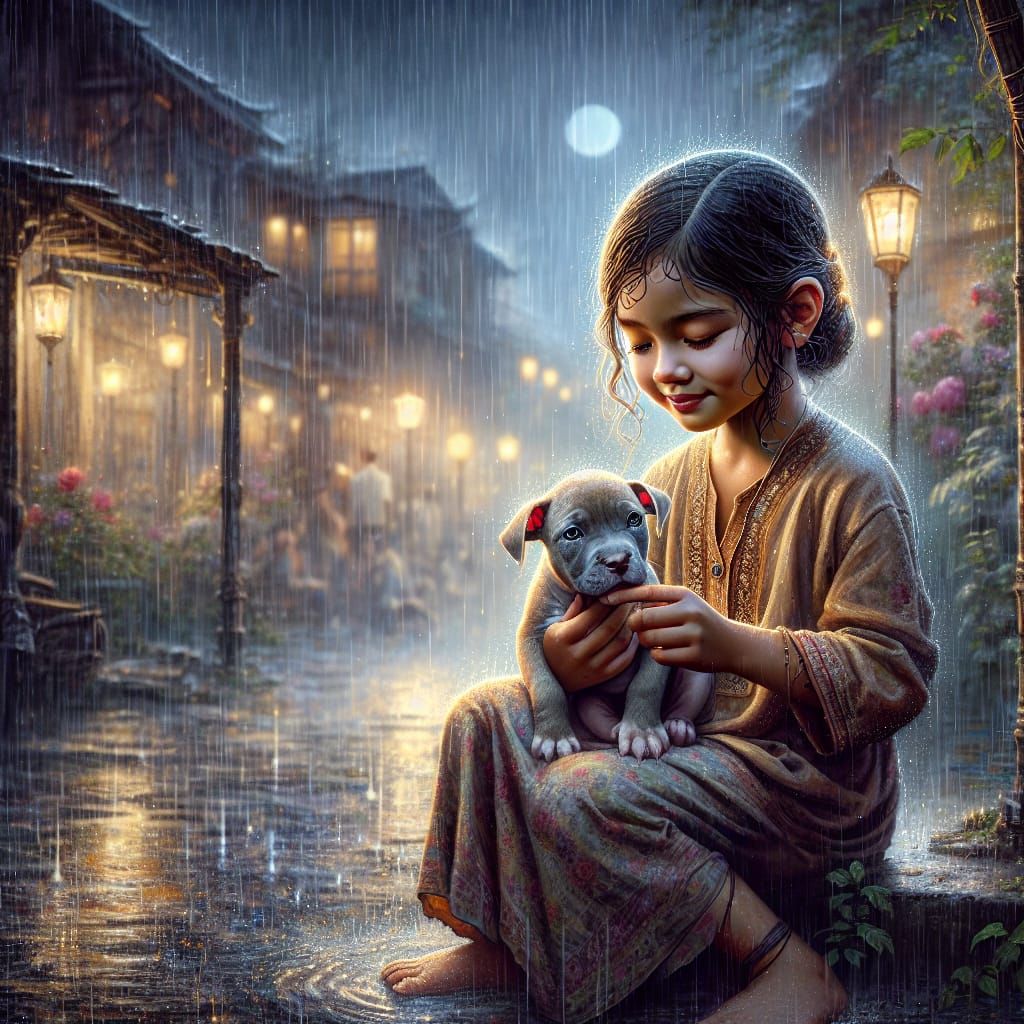 Girl and Puppy in Rain: Pre-1912 Realism