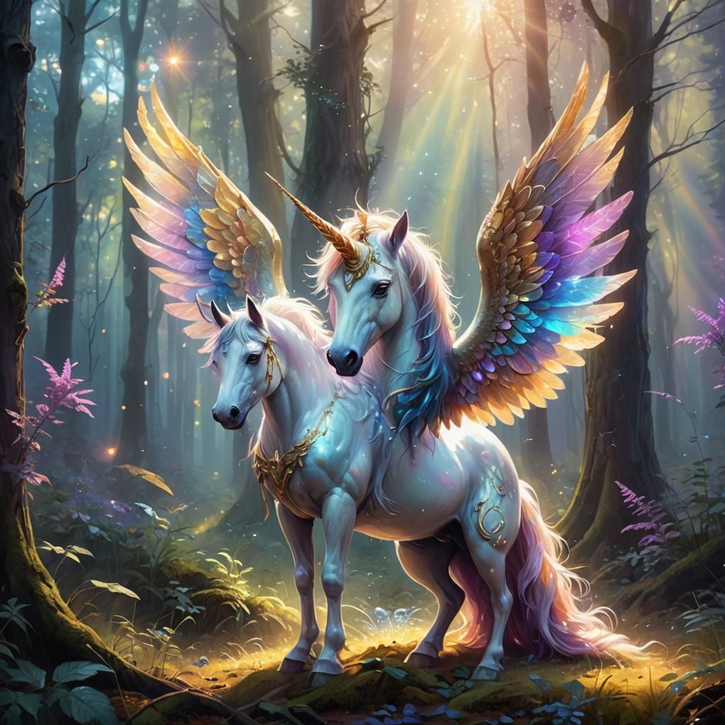 Angel Unicorn in Misty Forest: Fantasy Art