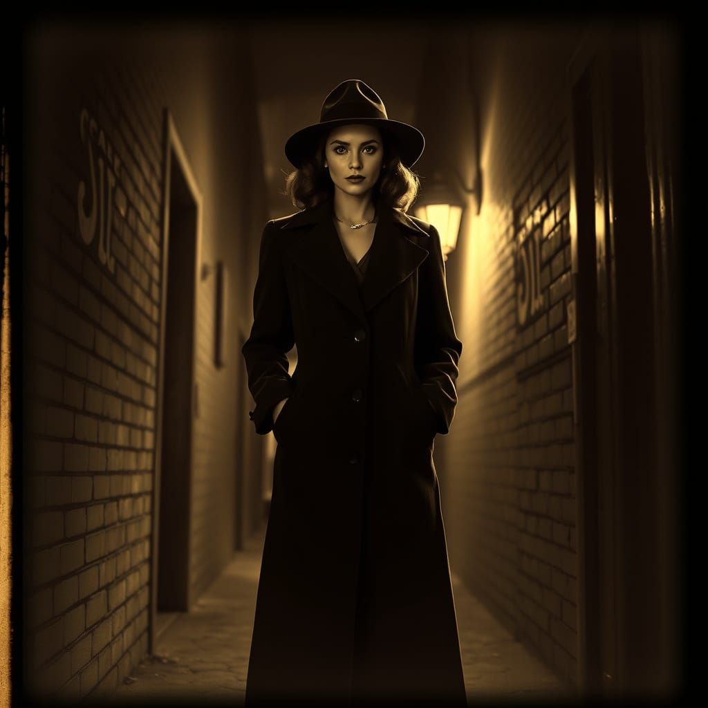 1940s Woman in Dim Alleyway: Grainy Black and White Film