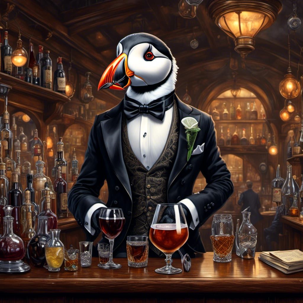 Puffin Bartender in Victorian Pub, Ink and Pencil Art