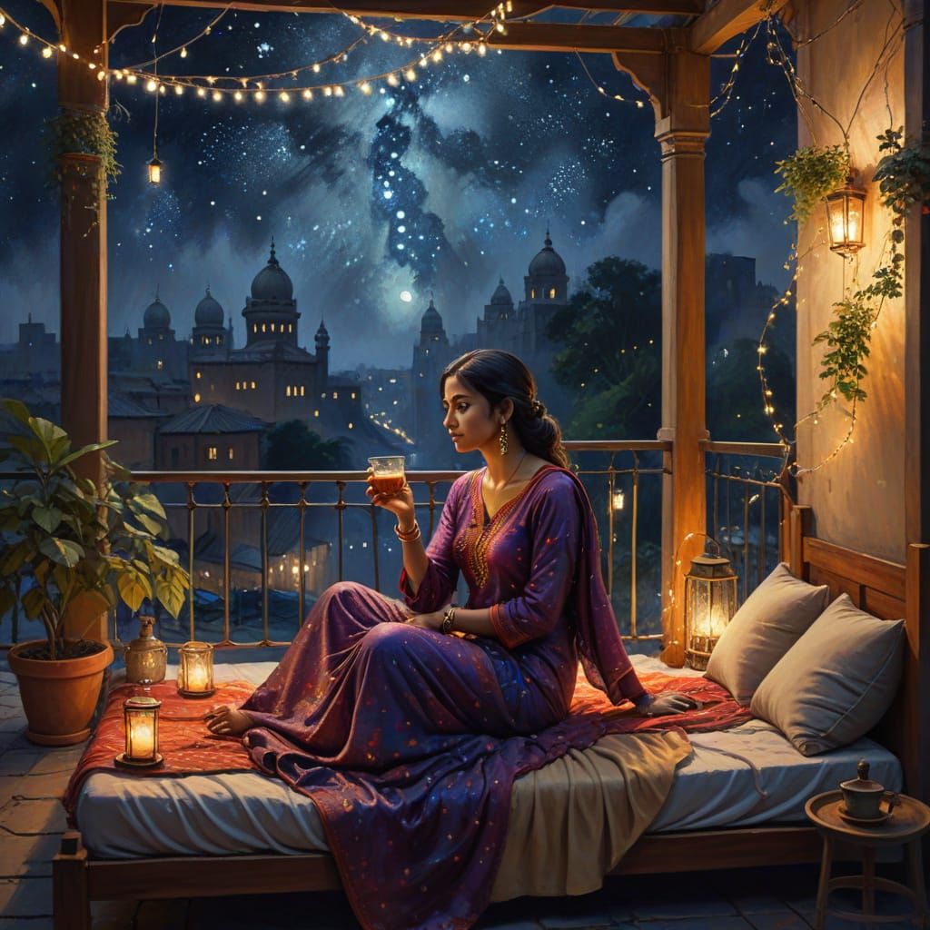 Ethereal Indian Woman Under Fairy Lights