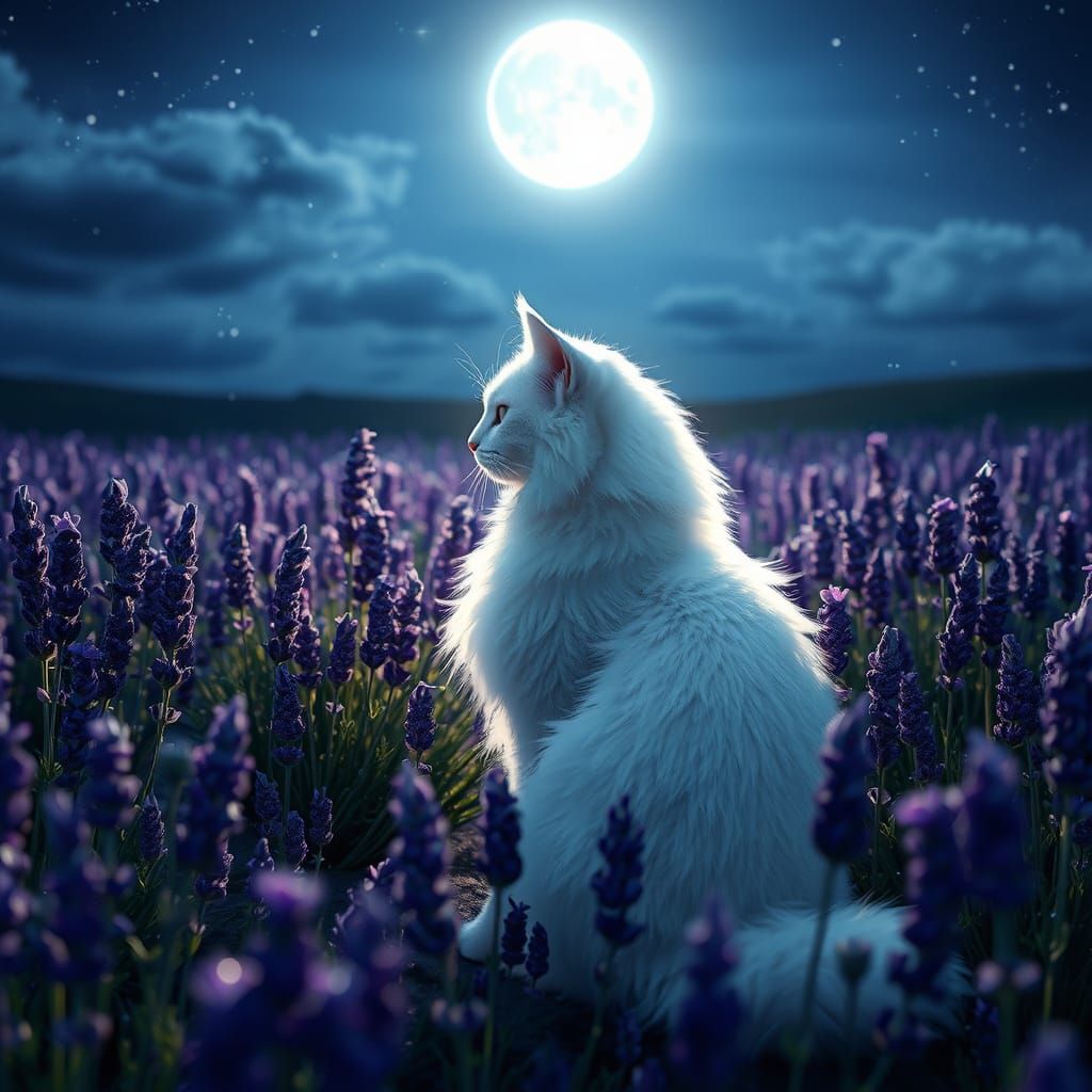 Whimsical White Cat in Lavender Bloom