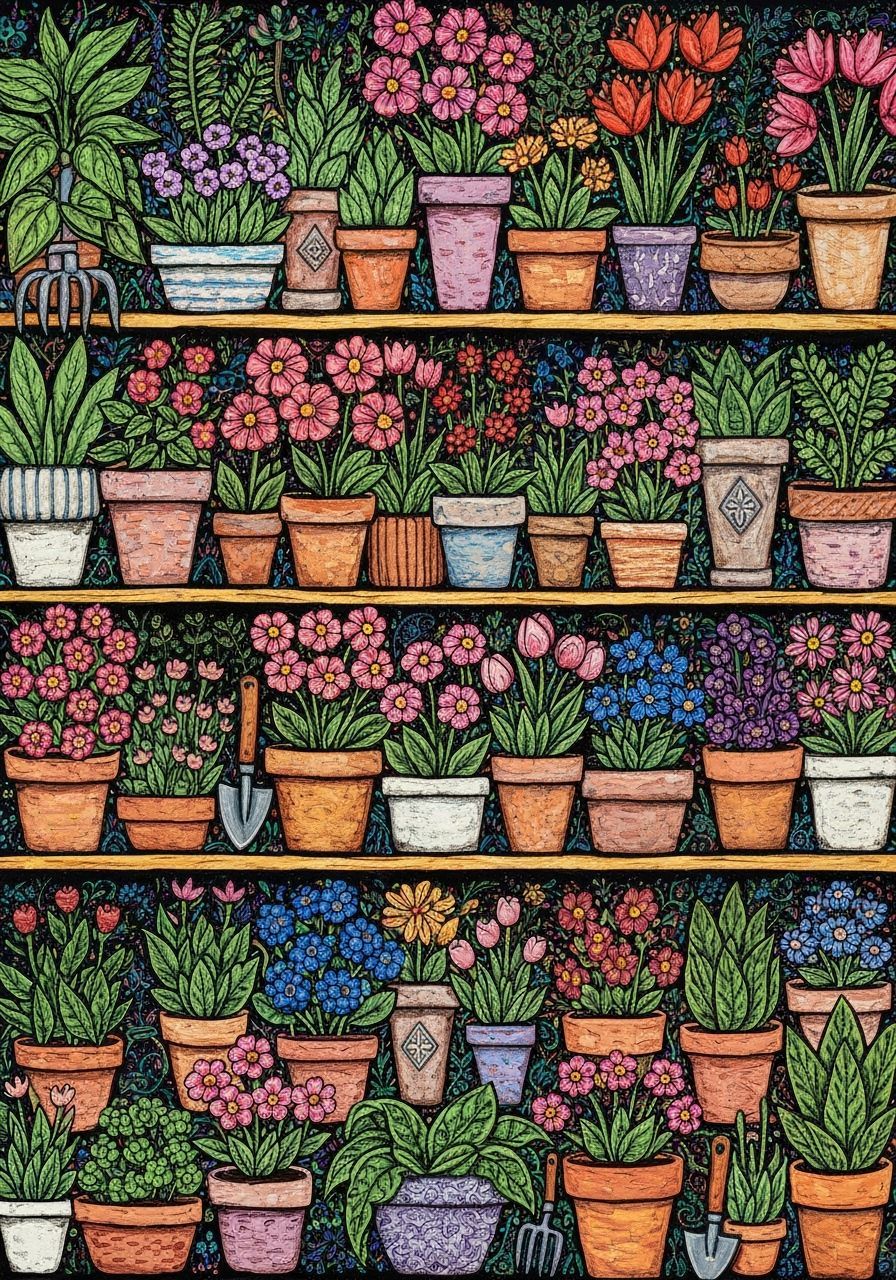 Whimsical Naive Art Painting of a Vibrant Floral Shelf