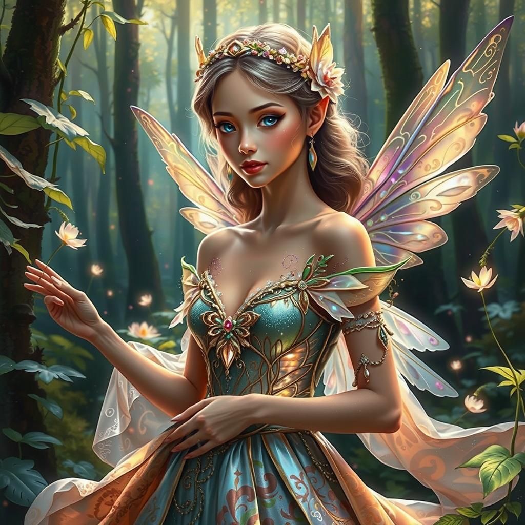 Beautiful woman fairy in sparkling dress, delicate beautiful wings,