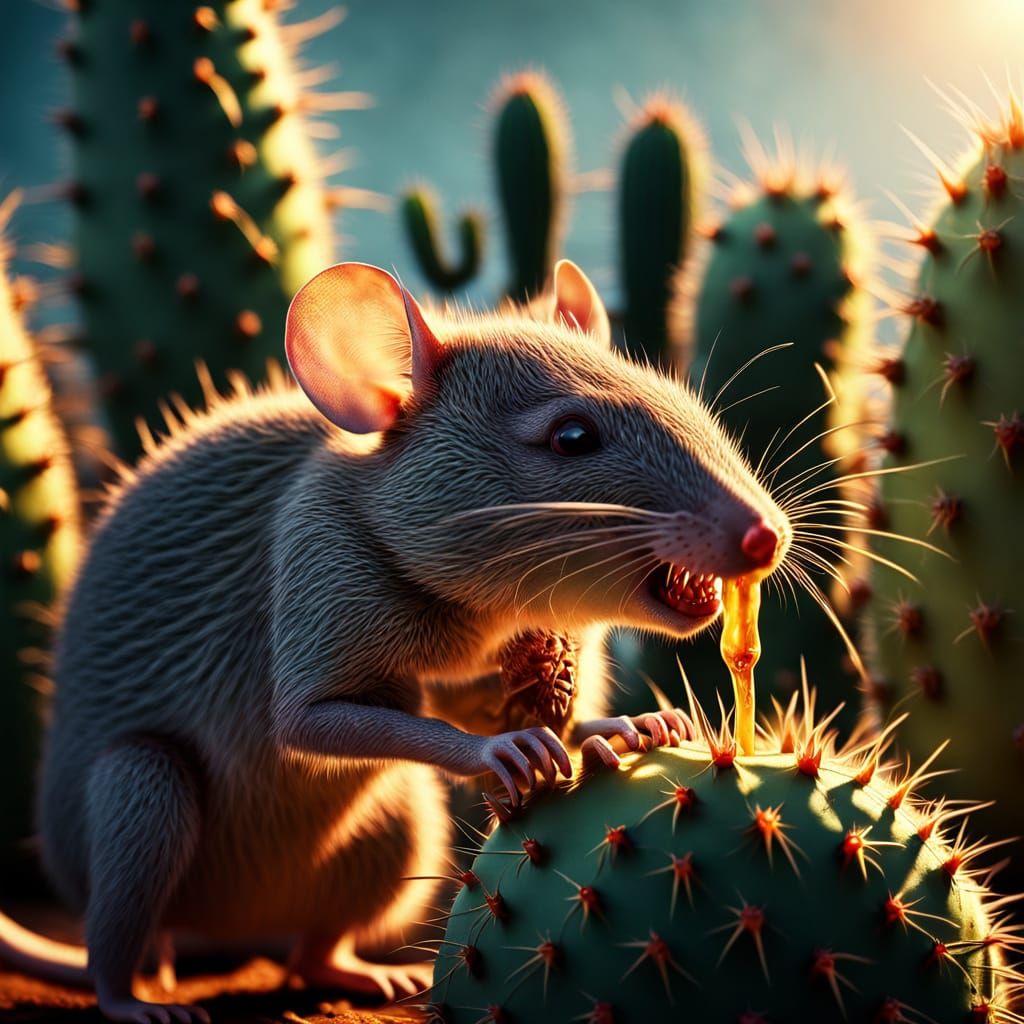 Surreal Mice Feast on Cactus in Golden Light