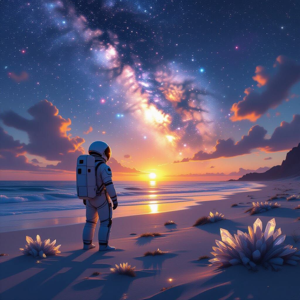 Astronaut on Alien Beach at Sunset, Nebula Sky