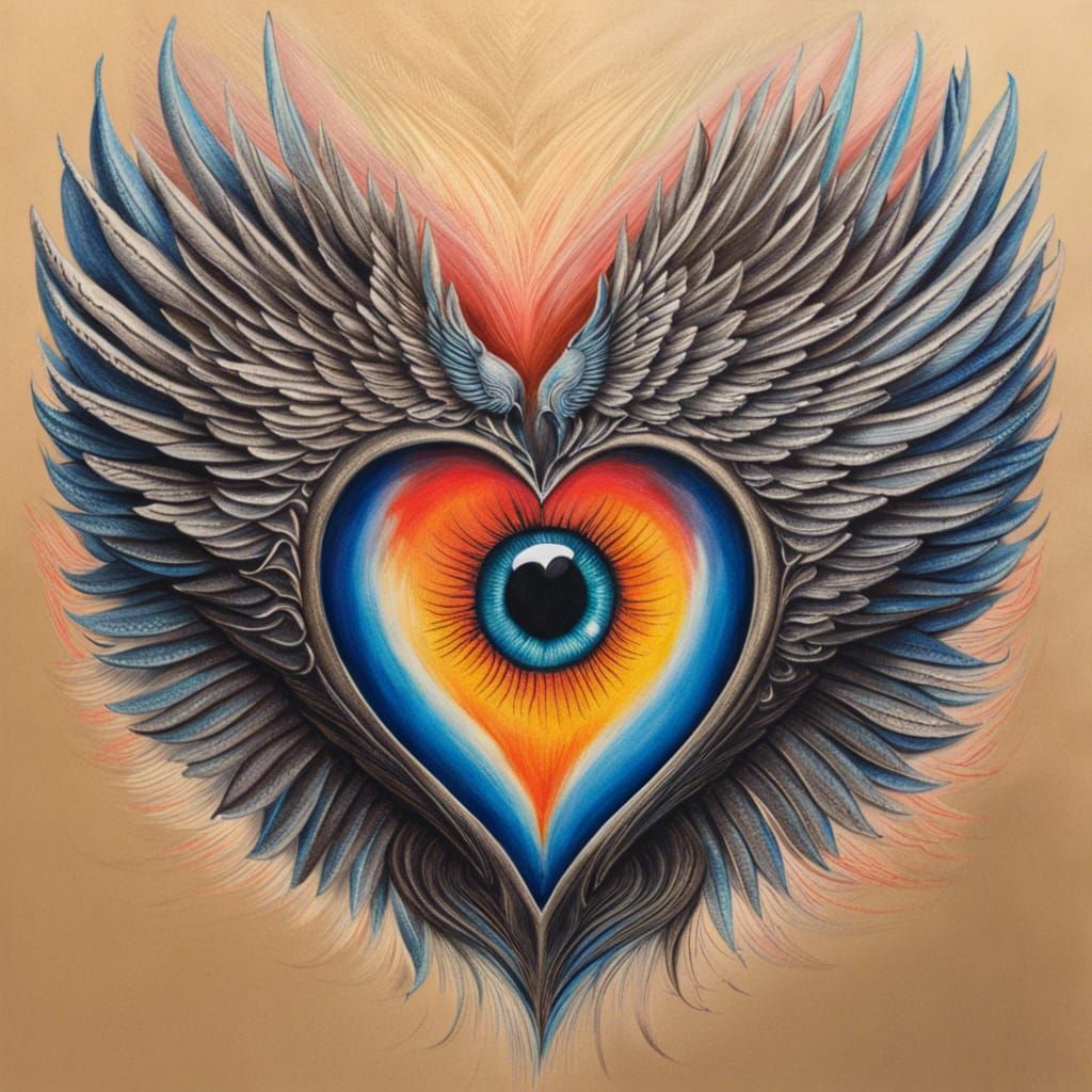 Winged Heart with Phoenix Wings: Crayon Hyperrealism