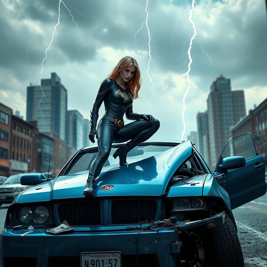 Black Canary Perched on Destroyed Car Amidst City Lightning