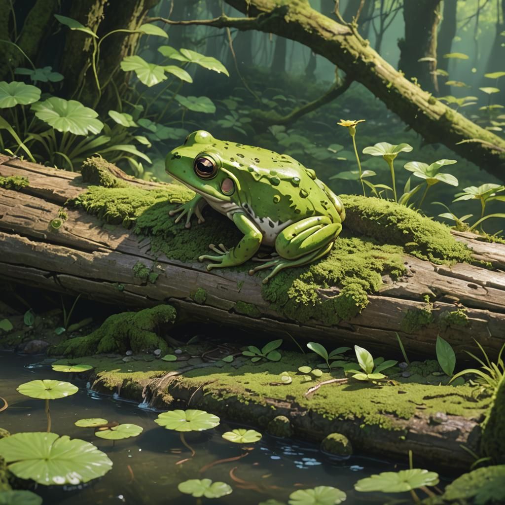 Green Frog on Log in Anime Style