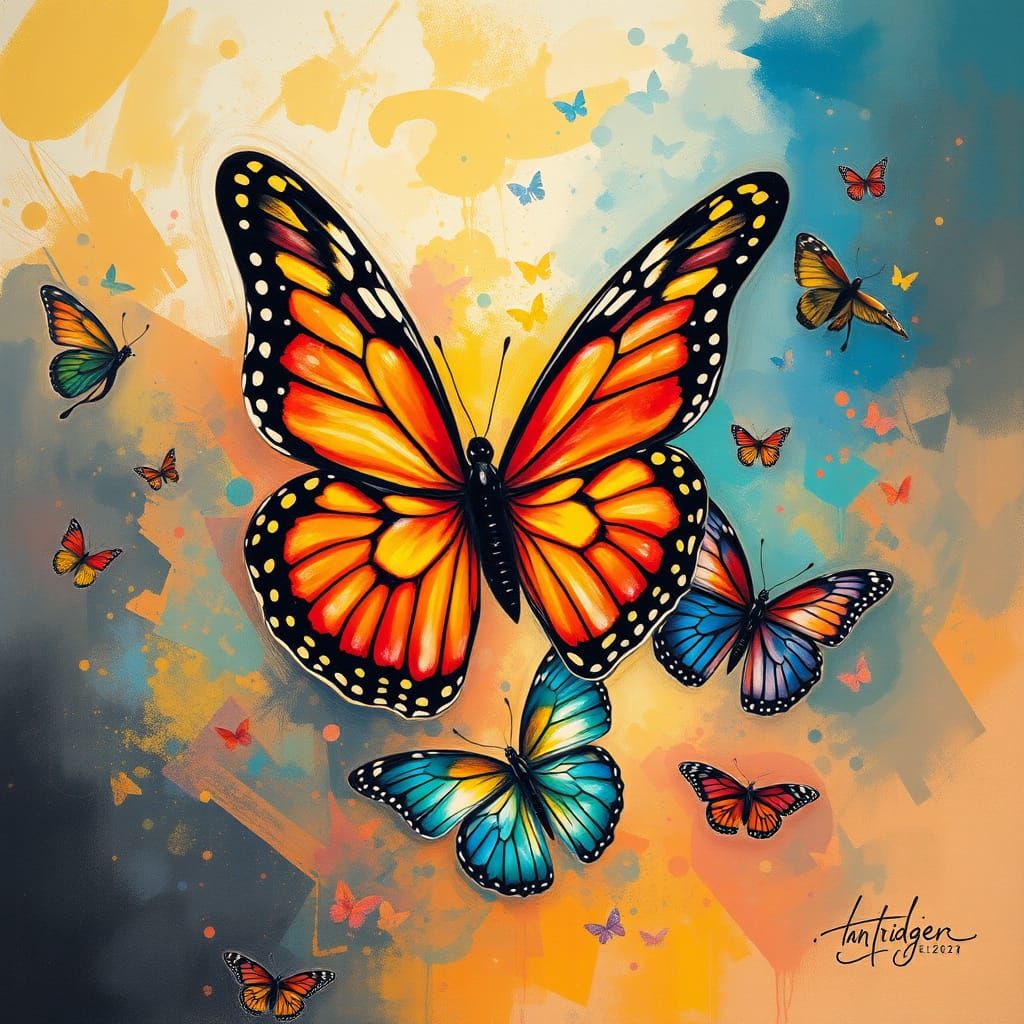 Vibrant Butterflies in Flight: Gouache and Watercolor Drawin...