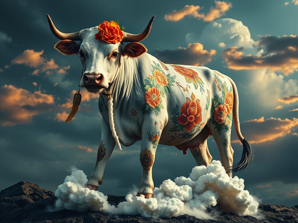 Majestic Zodiac Cow with Flowers and Tattoos