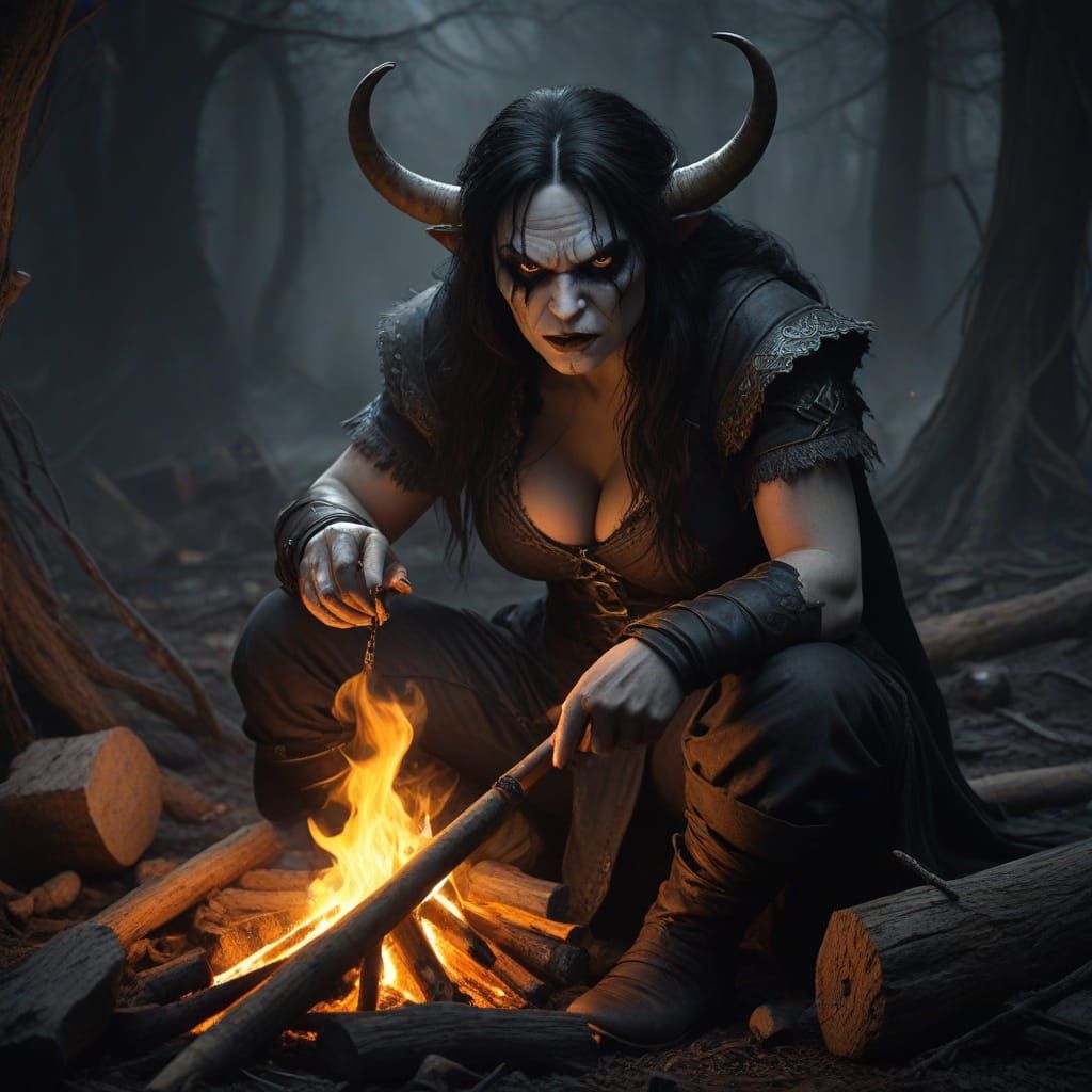 Ominous Ogre Tending Campfire in Dark Fantasy Art