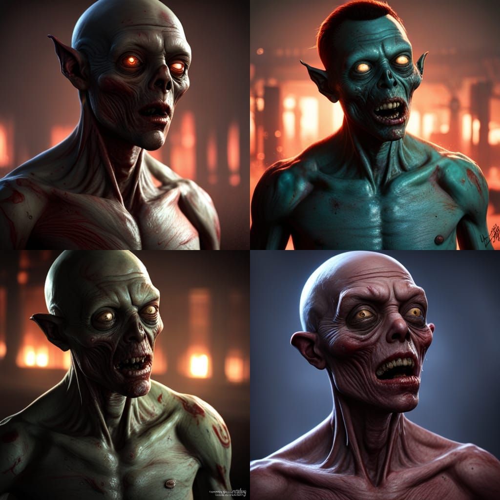 humanoid Alien Zombie in the sametary, black night scary hor...