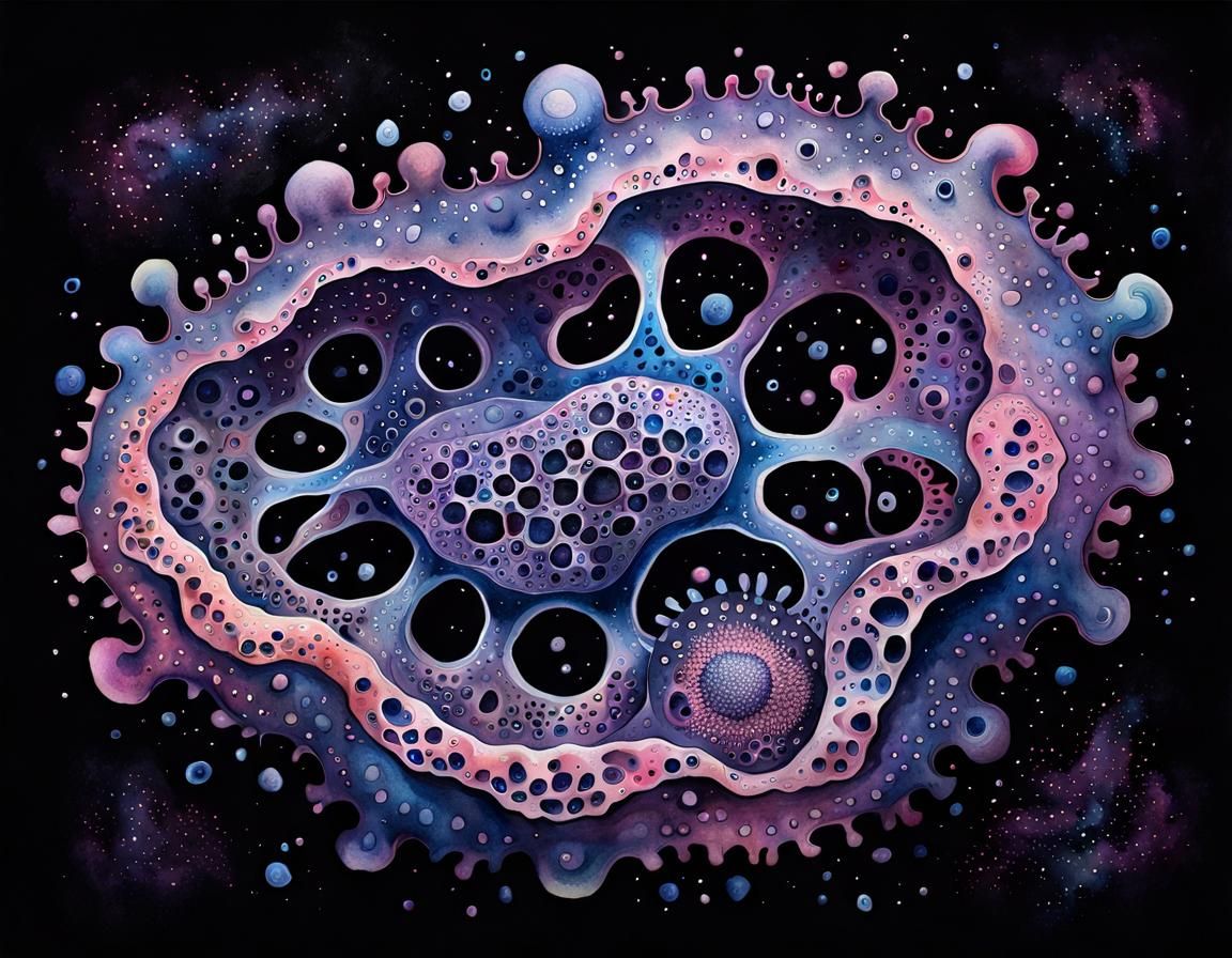 Detailed Watercolor Amoeba on Black Paper