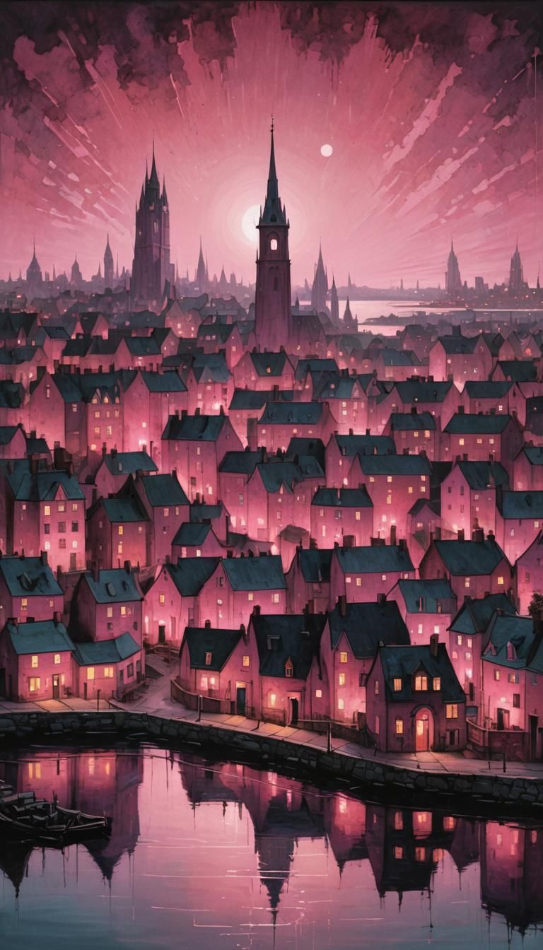 Pink Lit Cityscape: Abstract and Symmetrical Painting