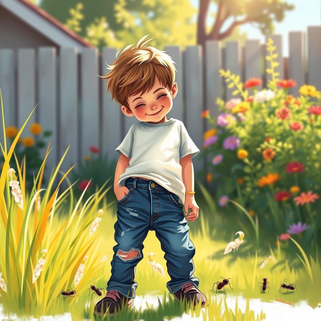 Playful Boy Brushes Off Mischievous Ants in a Whimsical Back...