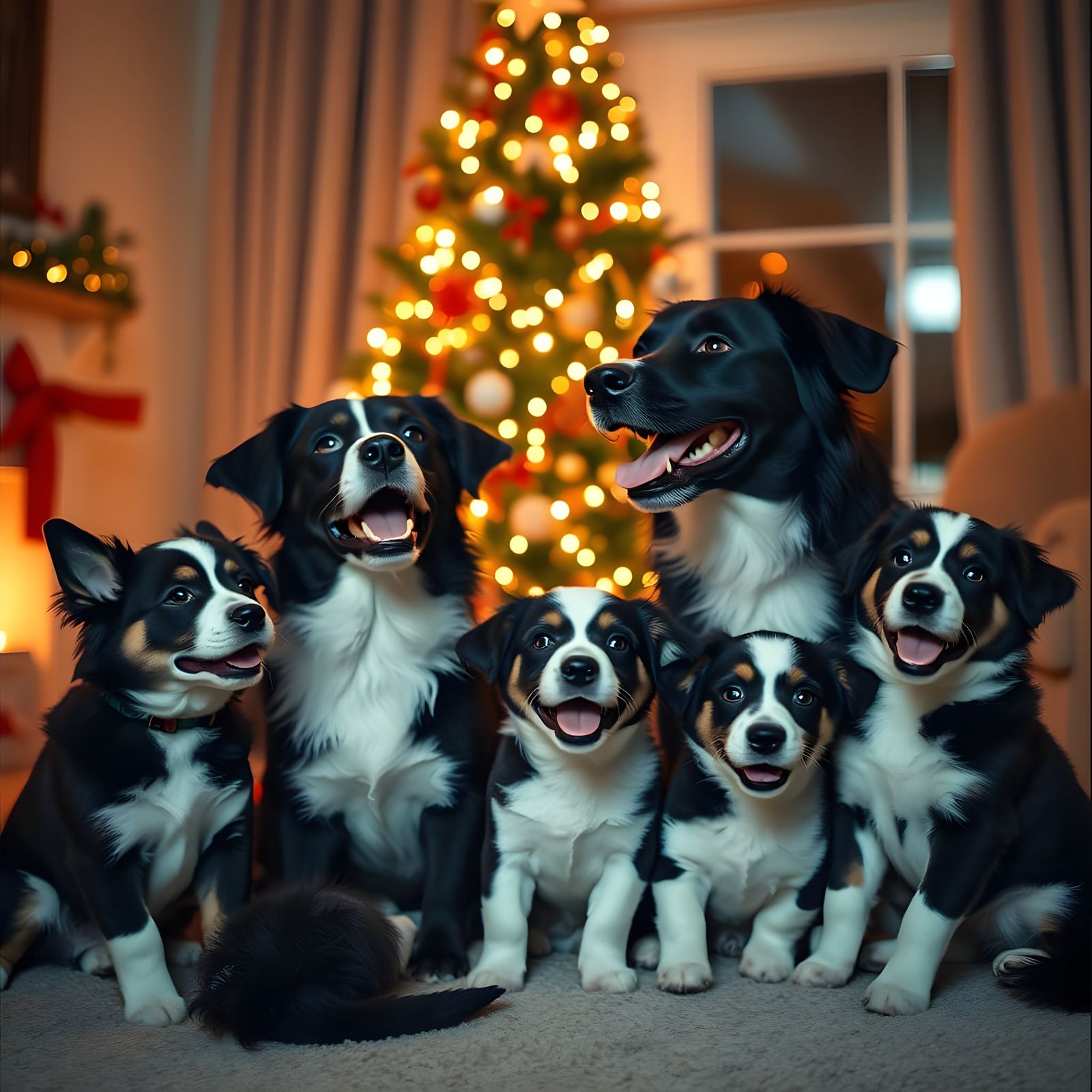 Warm Family Scene of Dogs near Christmas Tree in a Cozy Room