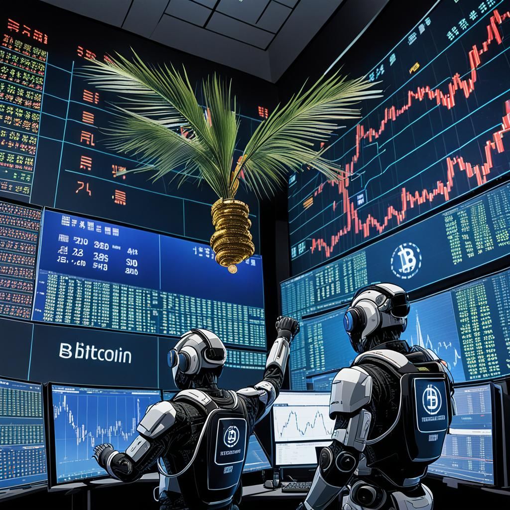 Robotic Traders Celebrate Bitcoin Success: Digital Art