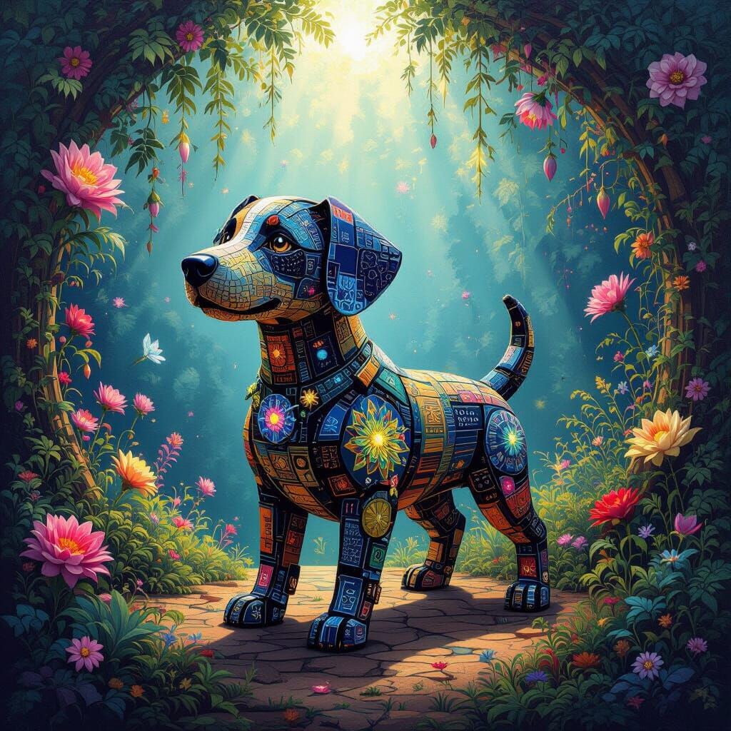 a dog made of furniture. Luminescent flora and fauna