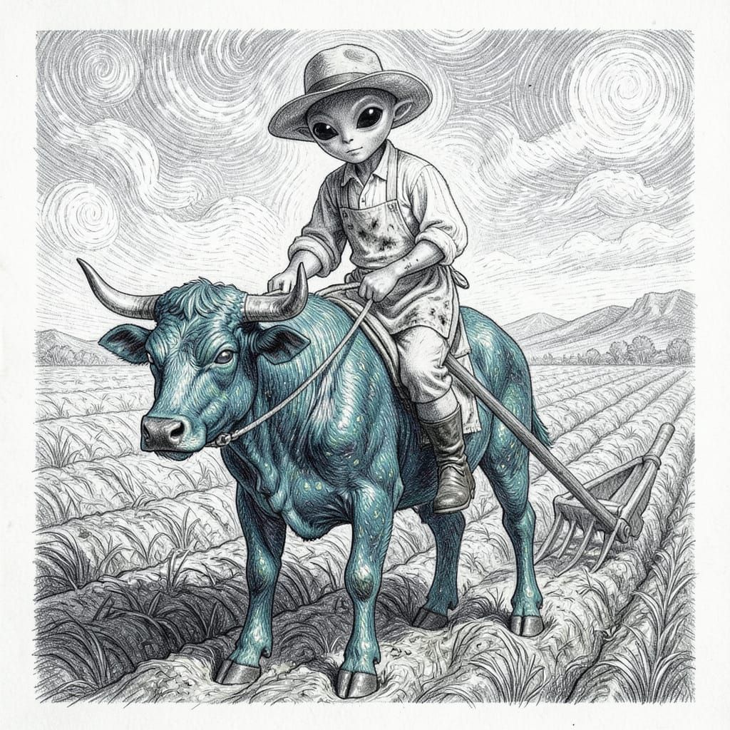 Alien Field Worker on Ox in Van Gogh Style