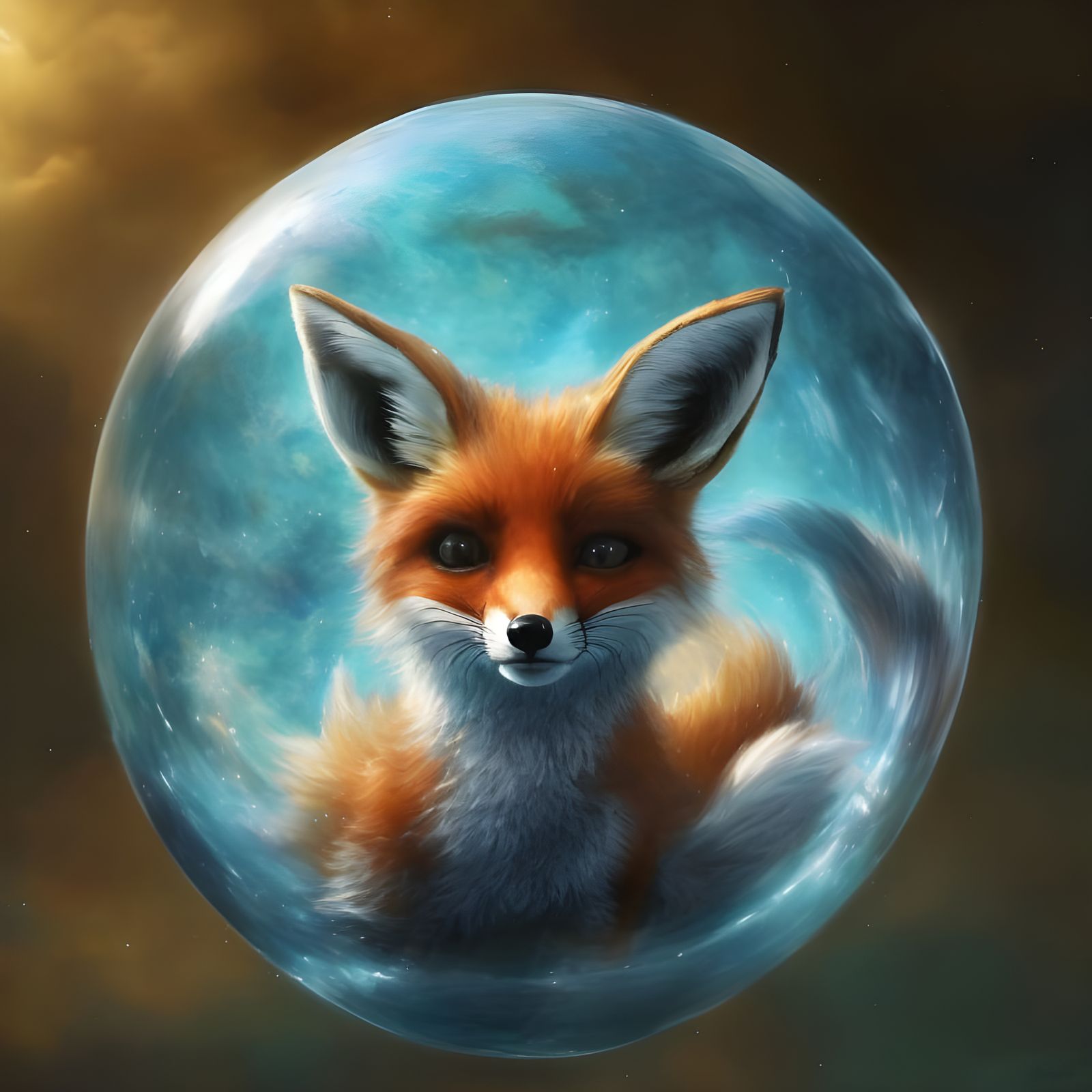 Adorable Fox in Sphere: Detailed Matte Painting