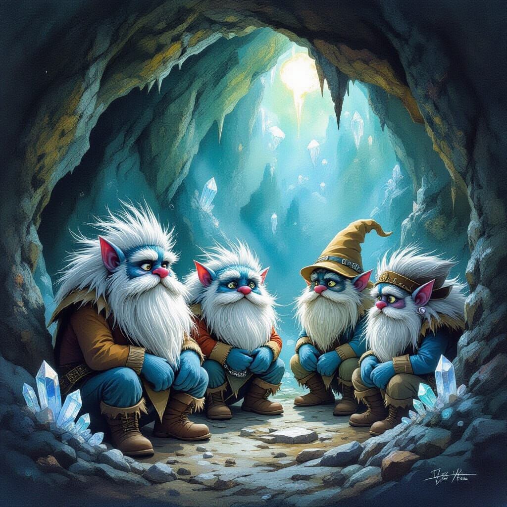Trolls Guarding Crystal Cave: Charcoal and Gouache Fantasy