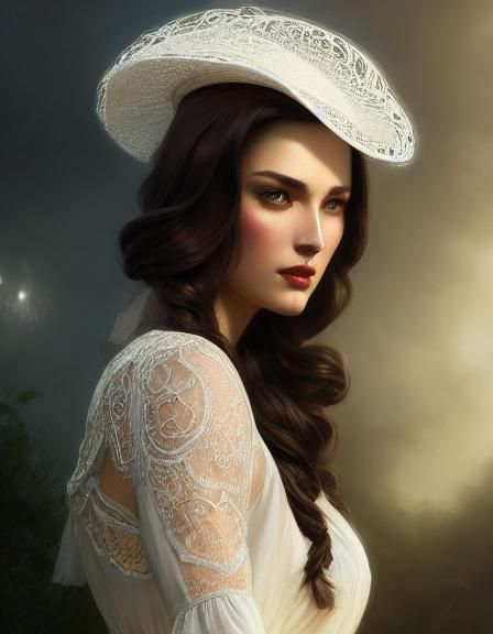 Brunette Girl Portrait with Lace Dress in Art Nouveau Style