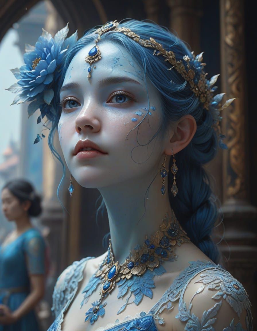 Elaborate Blue Goddess Portrait in Detailed Painting Style