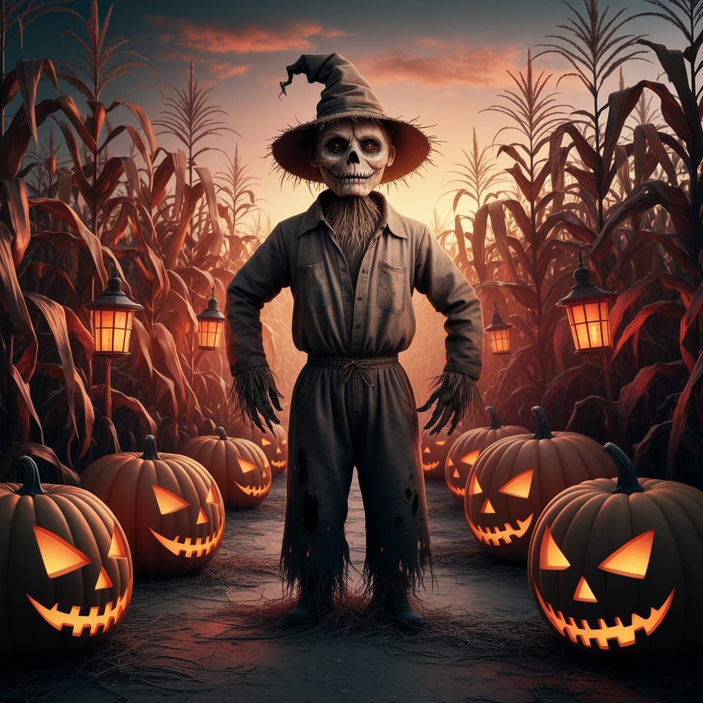 Nightmare Harvest Festival Scarecrow in Amber Sunset