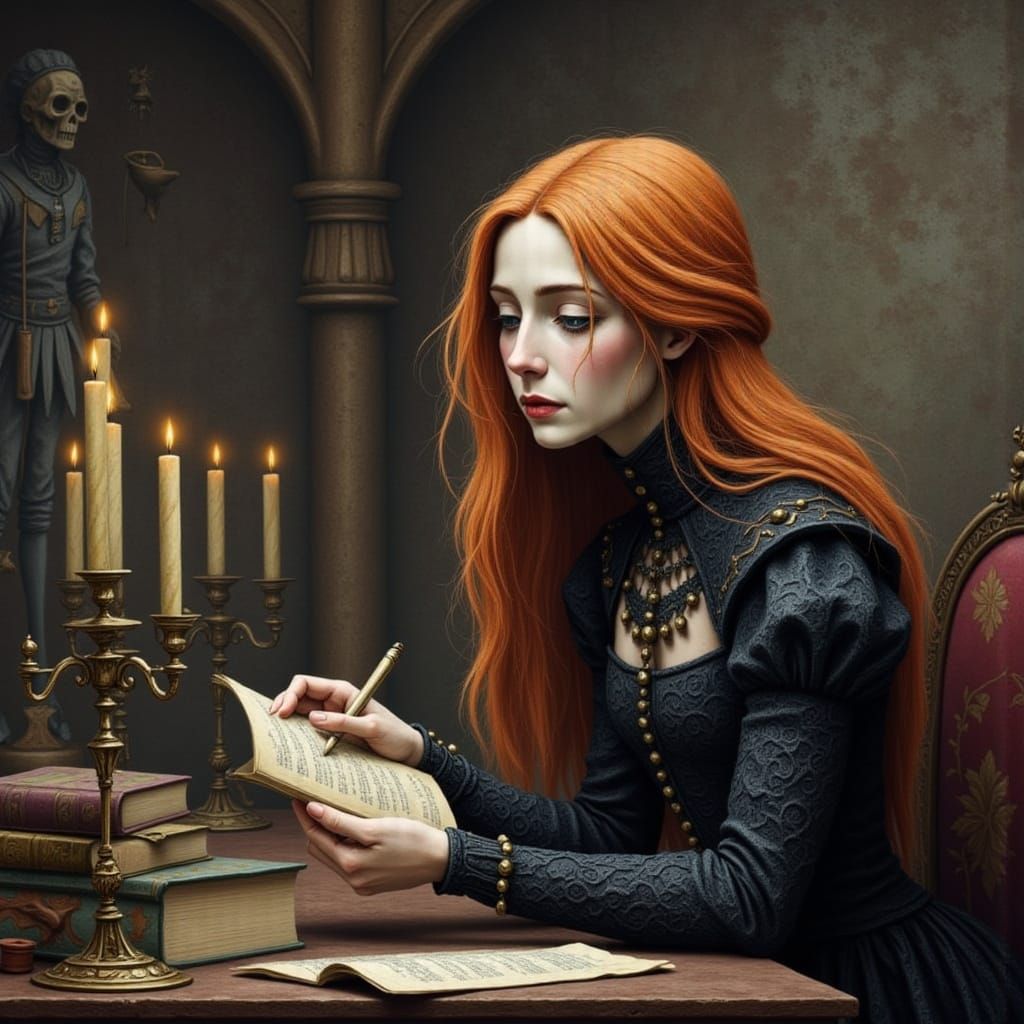 Red-Haired Fae Woman Studying in Castle Library