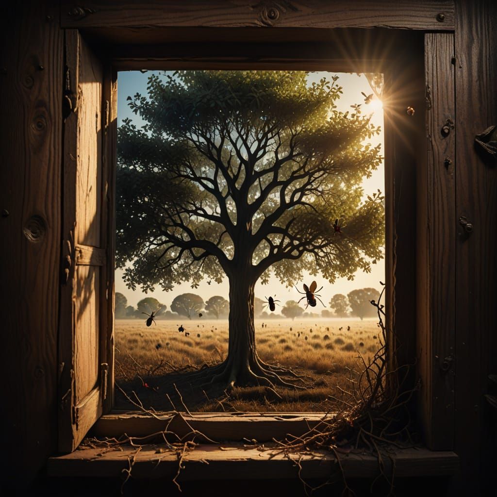 Surreal Scene Through Wooden Window in Earthy Tones