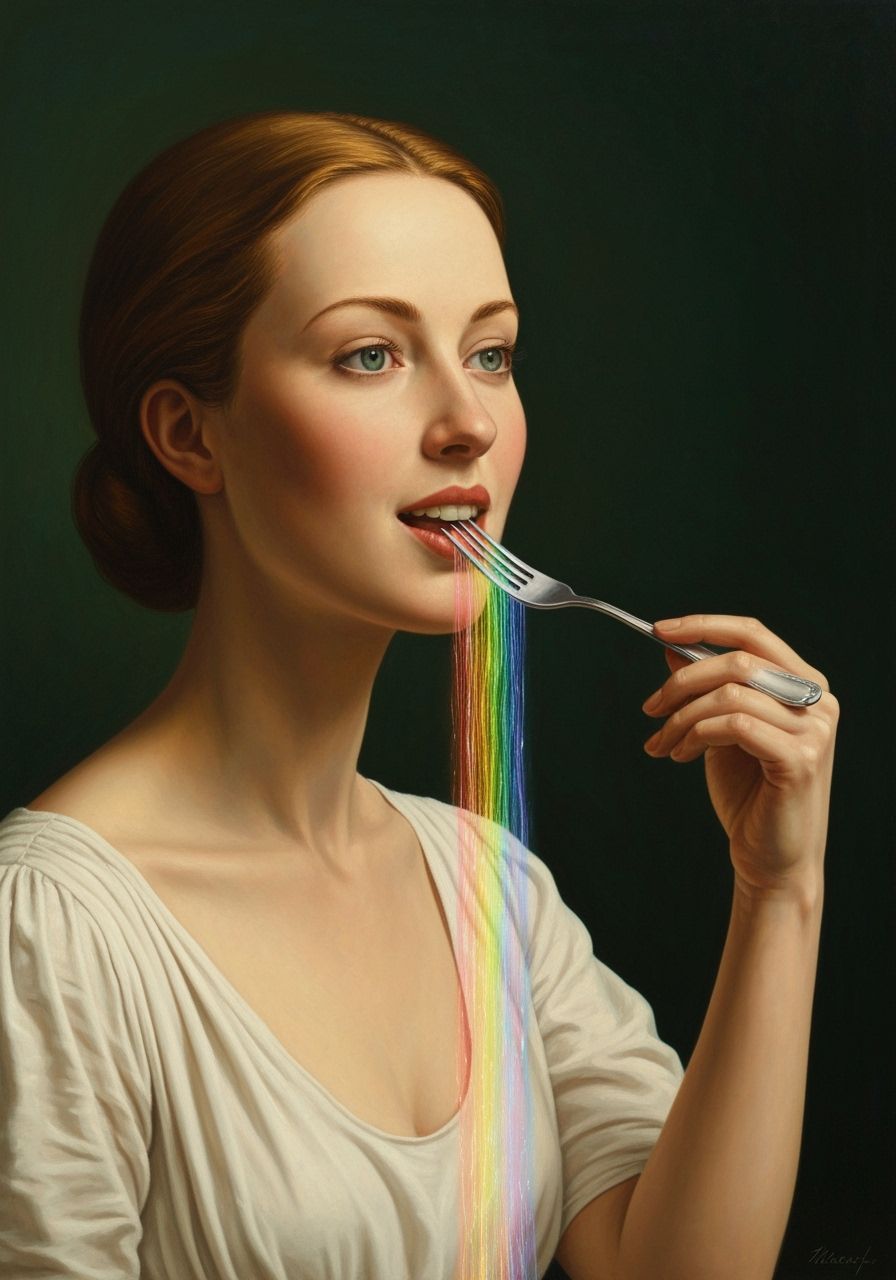 Elegant Woman Eats Rainbow Light in Surreal Oil Painting