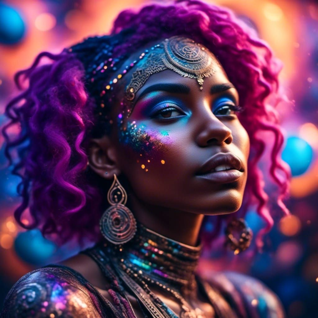 Afrofuturist Portrait of Woman with Rainbow Hair