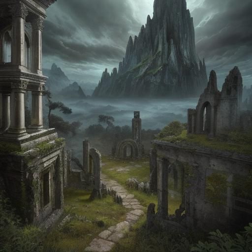 Ethereal Landscape Painting of Ancient Ruins