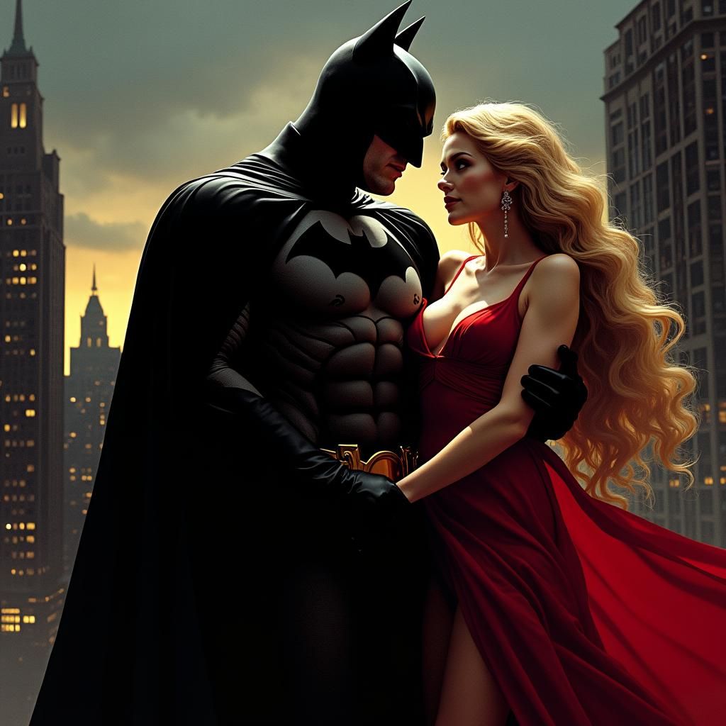Batman and Blond Woman in Gotham, Dramatic Lighting