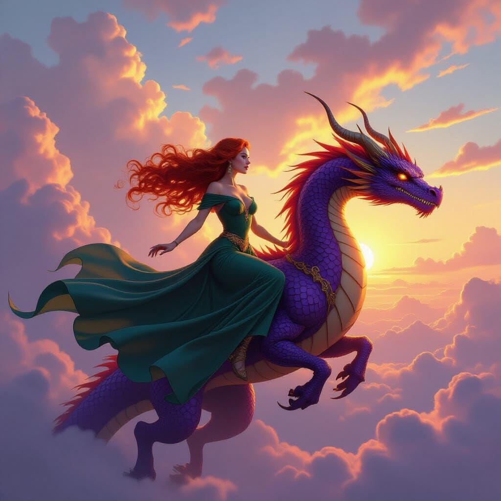 Epic Fantasy Dragon Rider in Golden Hour Sky