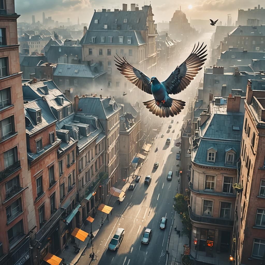Surreal Bird Flight Above City Street