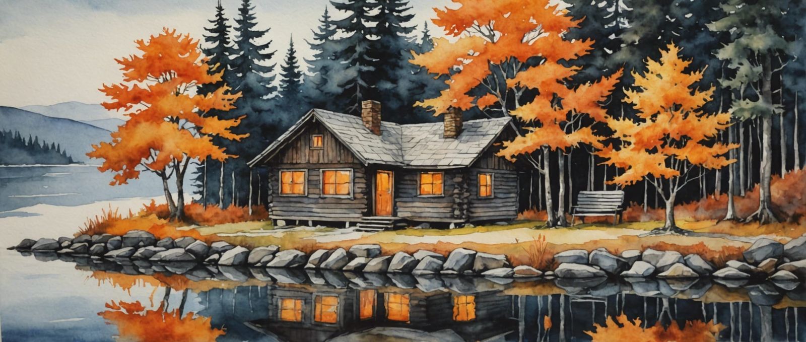 Lakeside Cabin with Orange Trees in Watercolor