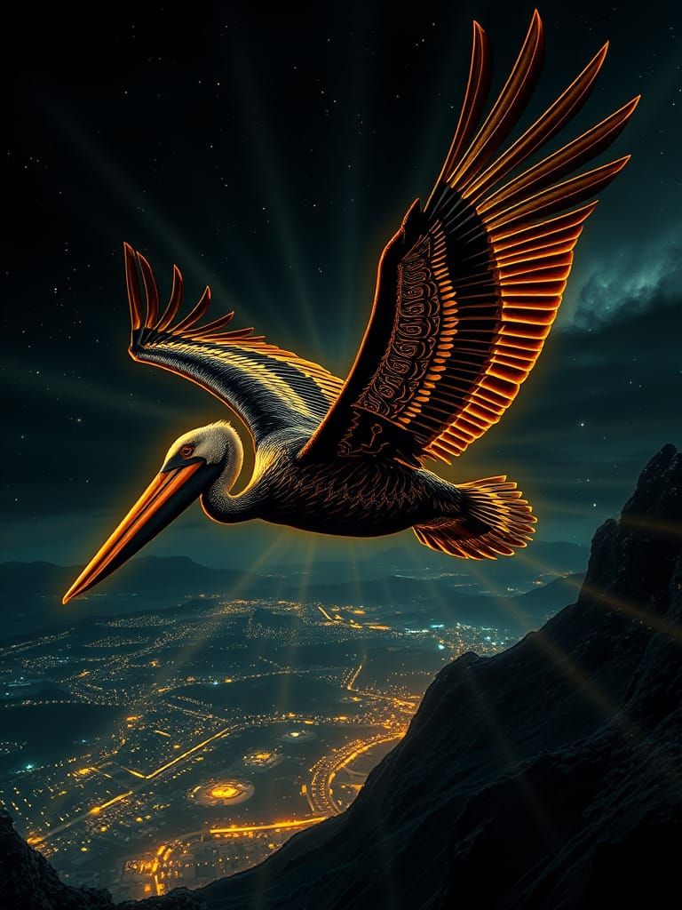 Giant Aztec Pelican in Nightscape with Gilded Feathers